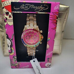 Ed Hardy Ladies Watch – Fuchsia/Gold  Analog Watch with Gold Bag, Y2K Style